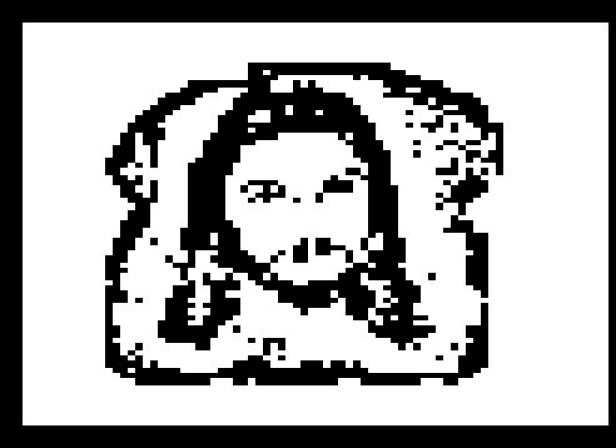 Ein pixeliges Schwarz-Weiß-Bild einer Frau mit langen Haaren.