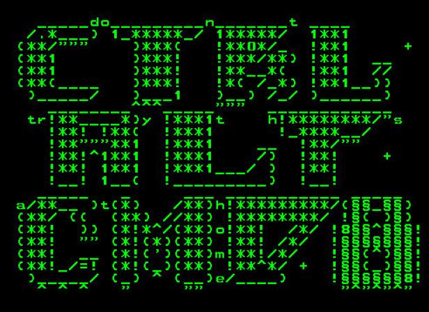 Grüne ASCII-Kunst zeigt das Wort „CTRL-CHAOS“ auf einem schwarzen Bildschirm.