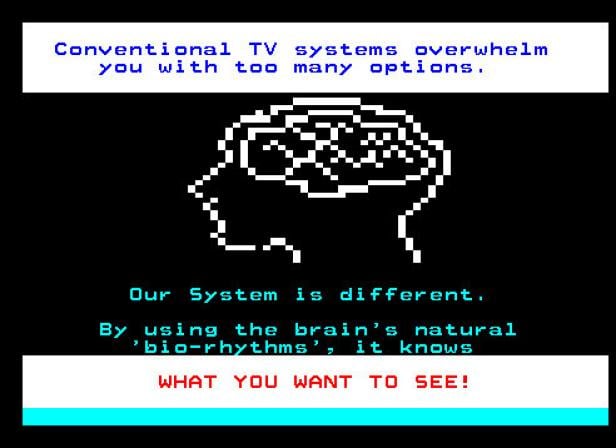 Ein Bildschirm mit dem Slogan eines Fernsehsystems, das die natürlichen Biorhythmen des Gehirns nutzt.