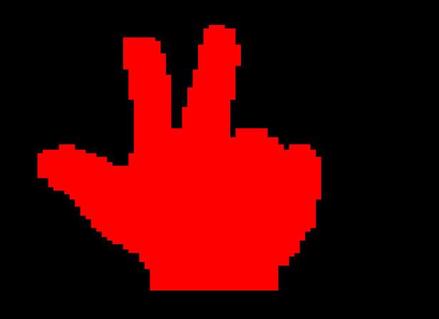 Eine rote Pixelgrafik einer Hand, die das Victory-Zeichen zeigt.