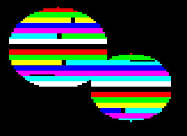 Zwei sich überschneidende Kreise mit horizontalen Streifen in verschiedenen Farben auf schwarzem Hintergrund.