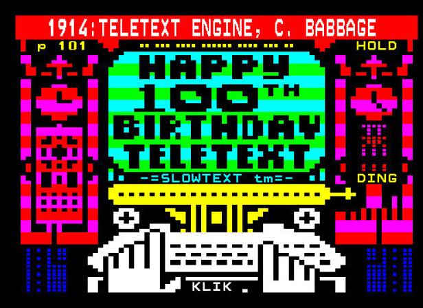 Ein pixeliges Bild im Teletext-Stil feiert den 100. Geburtstag des Teletexts.