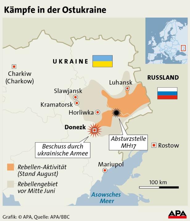 Eine Karte der Ostukraine, die die Rebellengebiete und die Absturzstelle MH17 zeigt.
