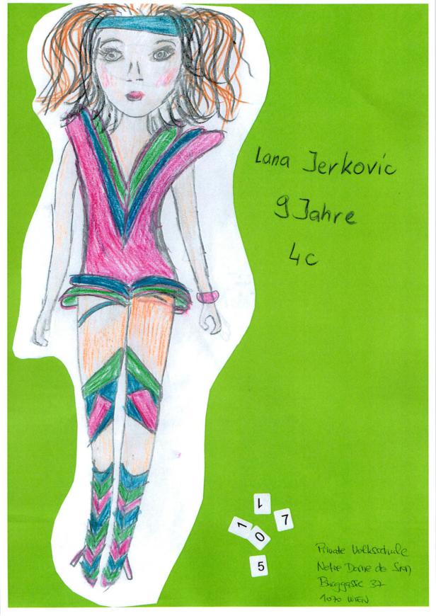 Eine Zeichnung von Lana Jerkovic, 9 Jahre alt, aus der 4c, mit einem bunten Outfit.