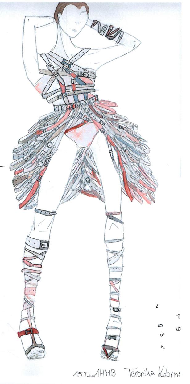 Eine Modezeichnung eines Outfits aus verschiedenen Gürteln und Riemen.