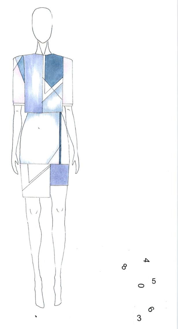 Eine stilisierte Zeichnung eines Damenkleides mit geometrischen Formen in Blau- und Weißtönen.