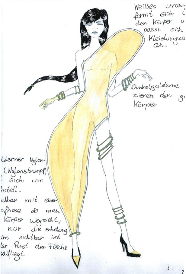 Eine stilisierte Zeichnung einer Frau in einem gelben, asymmetrischen Kleid mit goldenen Armreifen und Fußreifen.