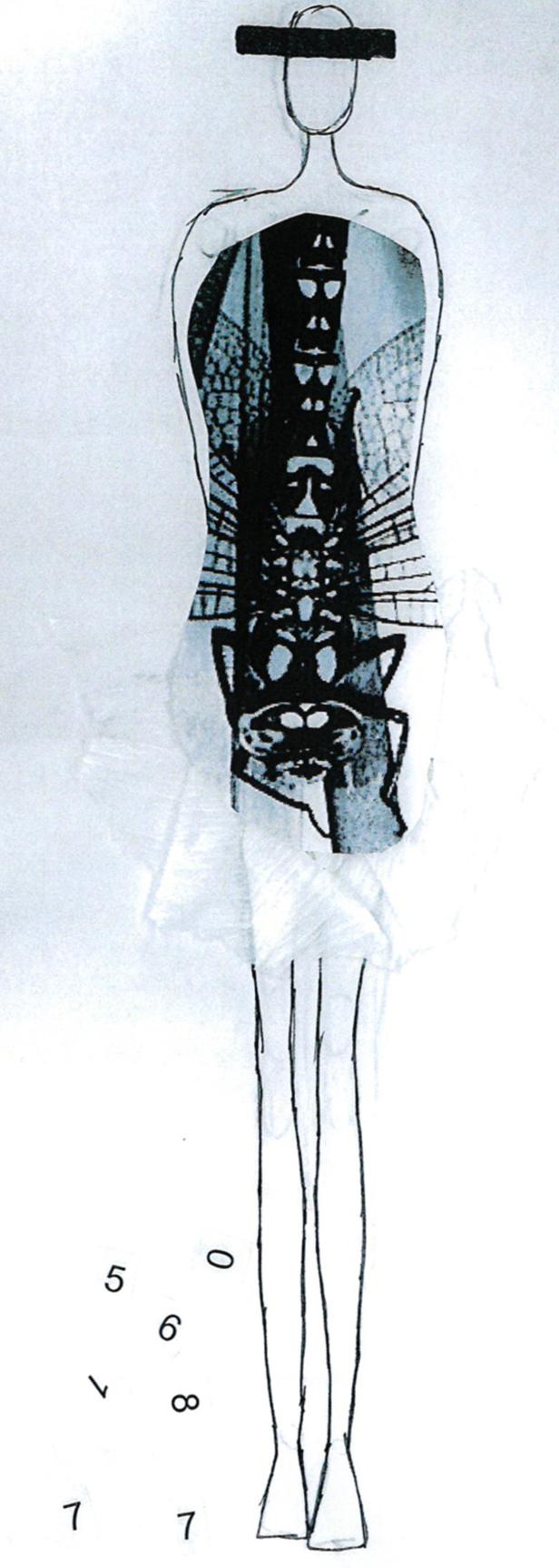 Eine Skizze einer Frau mit einem Kleid, das eine Wirbelsäule zeigt.