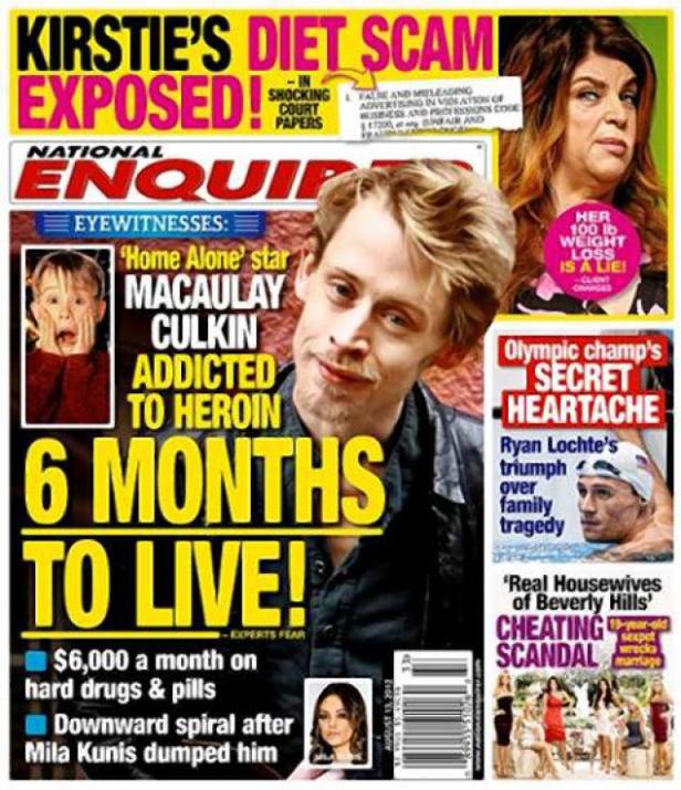 Das Cover des National Enquirer zeigt Schlagzeilen über Macaulay Culkin, Kirstie Alley und Ryan Lochte.