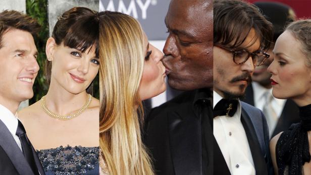 Collage von Prominentenpaaren, darunter Tom Cruise mit Katie Holmes, Heidi Klum mit Seal und Johnny Depp mit Vanessa Paradis.