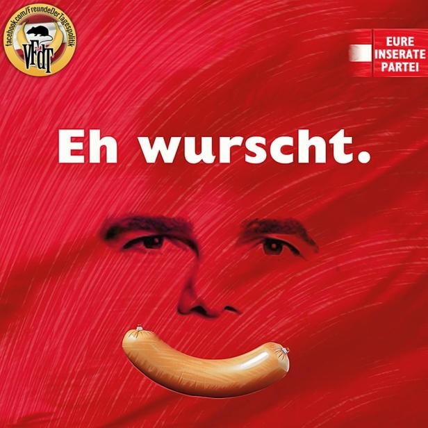 Ein Gesicht mit Wurst als Mund auf rotem Hintergrund mit dem Slogan „Eh Wurscht.“.