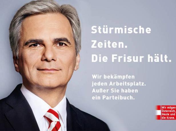 Ein Porträt von Sebastian Kurz mit dem Slogan „Stürmische Zeiten. Die Frisur hält.“.
