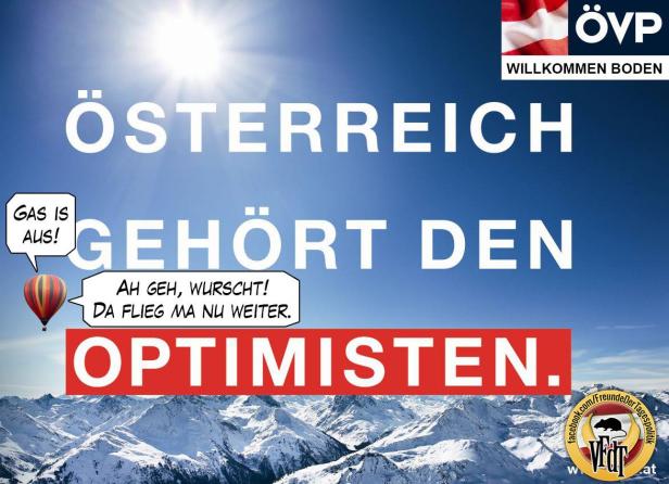 Eine politische Karikatur mit dem Slogan „Österreich gehört den Optimisten“ vor einer Bergkulisse.