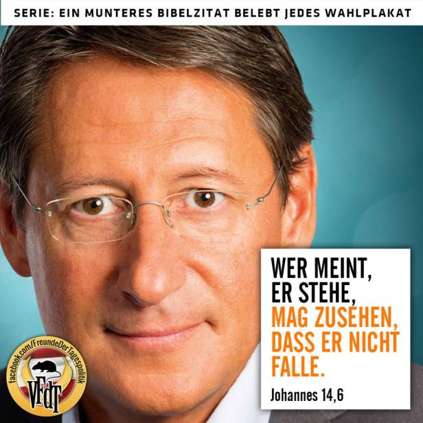 Porträt eines Mannes mit Brille neben einem Bibelzitat auf einem Wahlplakat.