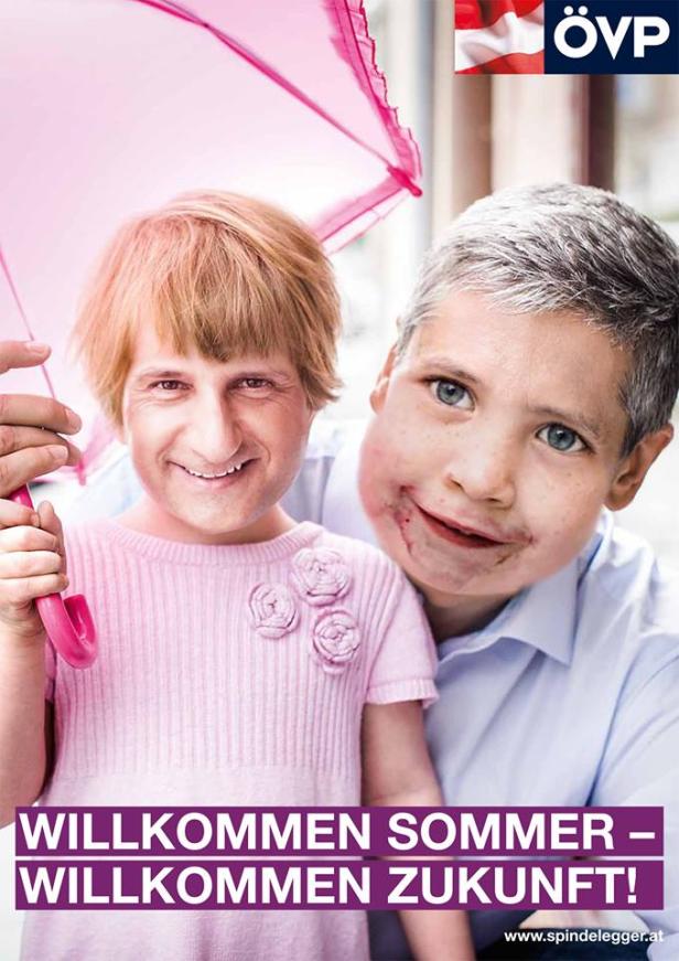 Ein Wahlplakat der ÖVP mit zwei digital veränderten Kindergesichtern unter einem rosa Regenschirm.