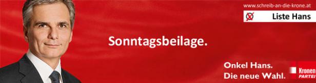 Ein Wahlplakat der „Liste Hans“ mit dem Slogan „Onkel Hans. Die neue Wahl.“.