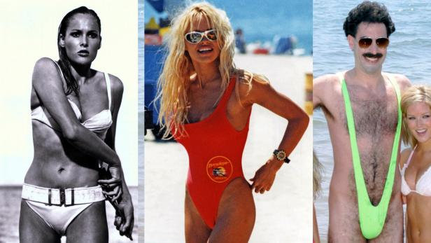 Eine Collage mit Models in Badebekleidung, darunter Pamela Anderson in einem roten Baywatch-Badeanzug.