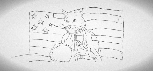 Eine gezeichnete Katze in Astronautenkleidung vor einer amerikanischen Flagge.