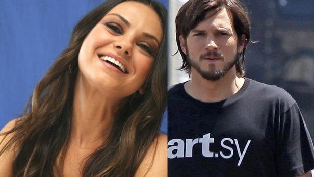 Ein zusammengesetztes Bild von Mila Kunis, die lächelt, und Ashton Kutcher, der ein „art.sy“-T-Shirt trägt.