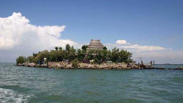 Eine kleine Insel mit einem Haus mit Strohdach im Wasser.