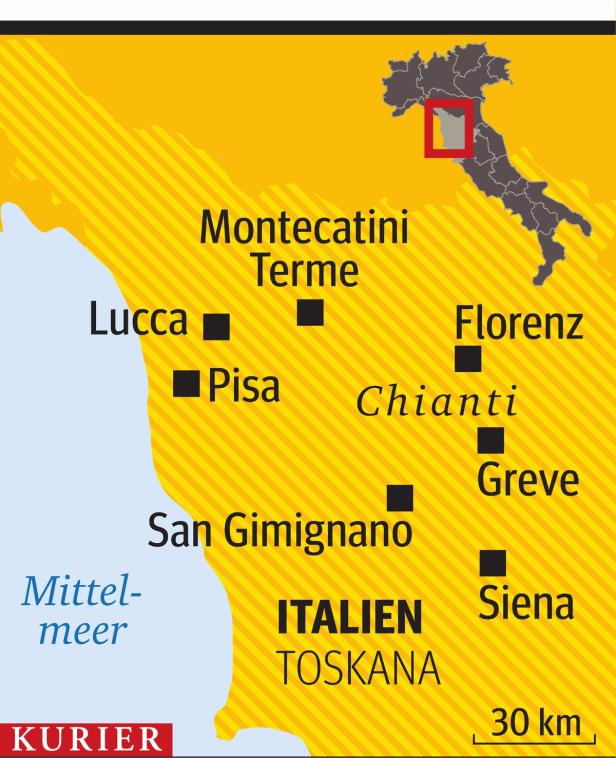 Eine Karte der Toskana, Italien, mit hervorgehobenen Städten wie Florenz, Pisa und Siena.