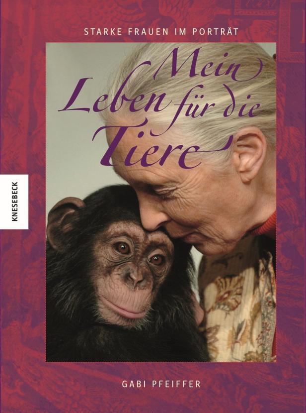 Das Buchcover von „Mein Leben für die Tiere“ mit Jane Goodall und einem Schimpansen.