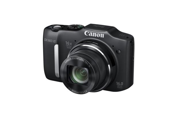 Eine schwarze Canon SX160 IS Kamera mit 16-fach optischem Zoom.