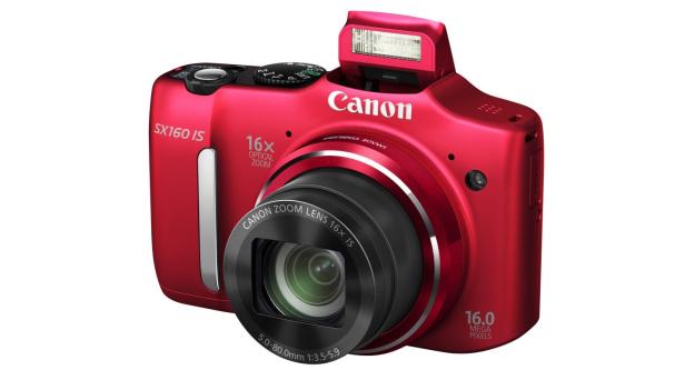Eine rote Canon SX160 IS Digitalkamera mit ausgeklapptem Blitz.