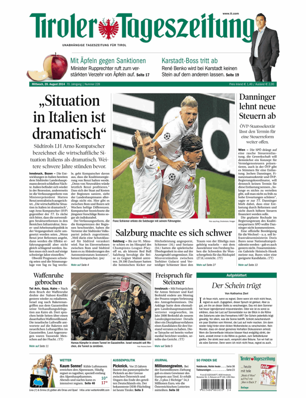Titelseite der Tiroler Tageszeitung vom 20. August 2014.