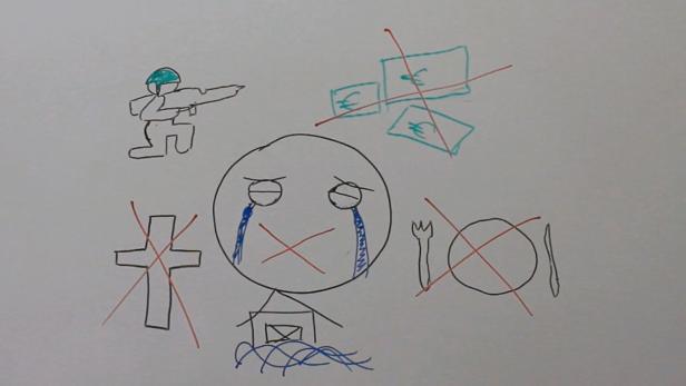 Eine Zeichnung, die Krieg, Armut, Hunger und Glaubensverlust darstellt.