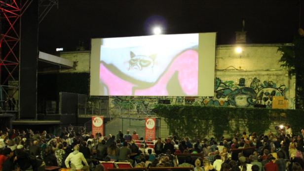 Eine Menschenmenge schaut bei Nacht einen Film mit einer animierten Katze auf einer Leinwand.