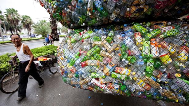 Ein Mann zieht einen Karren voller Plastikflaschen auf einer Straße mit Palmen im Hintergrund.