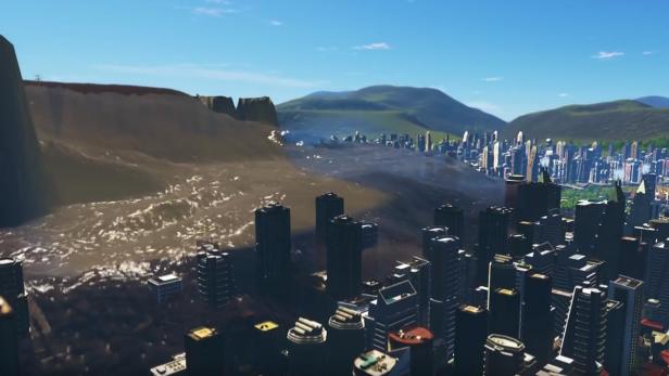 Eine Schlammlawine überrollt eine Stadt mit Hochhäusern.