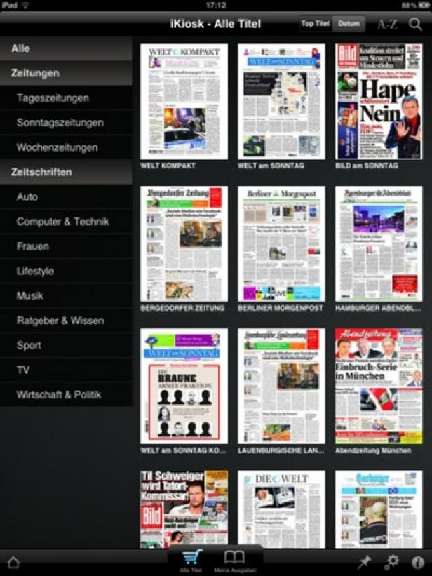 iKiosk - Axel Springer - iPad-Edition (c: springer) Ein iPad-Screenshot der iKiosk-App mit verschiedenen deutschen Zeitungstiteln.