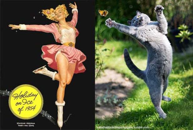 Ein Vergleich: Ein „Holiday on Ice“-Poster von 1954 und eine Katze, die nach einem Schmetterling springt.
