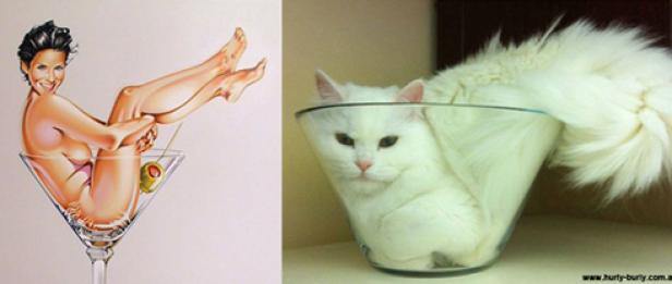 Ein Martini-Glas mit einer Frau darin und eine weiße Katze in einem Glas.