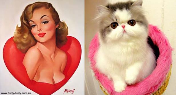 Ein Pin-up-Gemälde und eine Katze in einem rosa Korb nebeneinander.