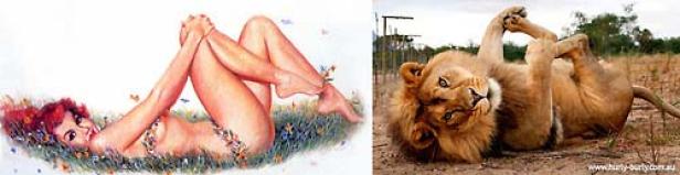 Eine Frau liegt in Blumen, daneben ein Löwe, der auf dem Rücken liegt.