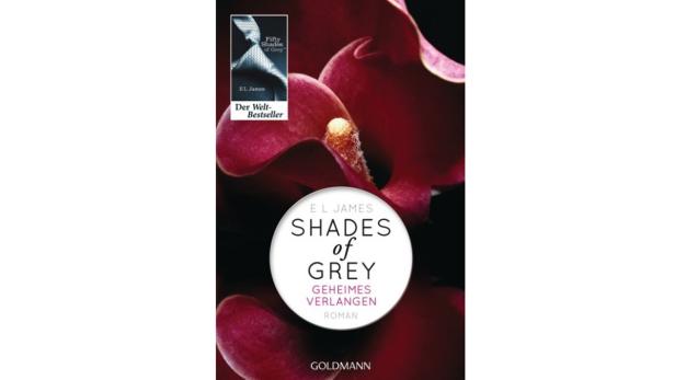 "Shadey of Grey" wurde in Amerika bisher über 15 Millionen mal verkauft. Das Cover des Buches „Shades of Grey – Geheimes Verlangen“ von E.L. James vor einer roten Blüte.