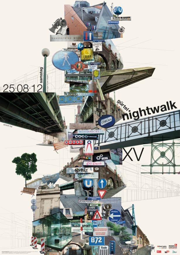 Eine Collage verschiedener Wiener Sehenswürdigkeiten und Straßenschilder, darunter der Gürtel und die Josefstädter Straße.