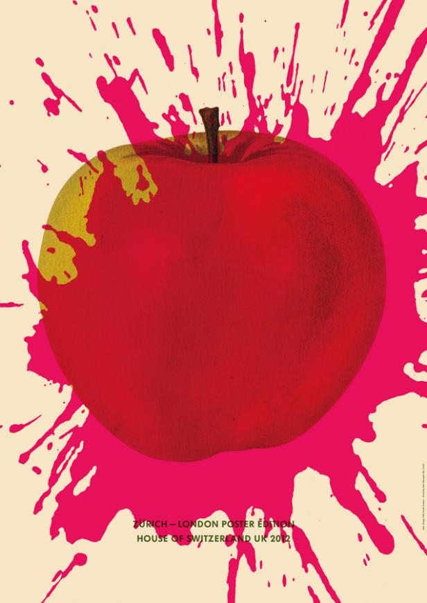 Ein roter Apfel ist von pinkfarbenen Farbspritzern umgeben.
