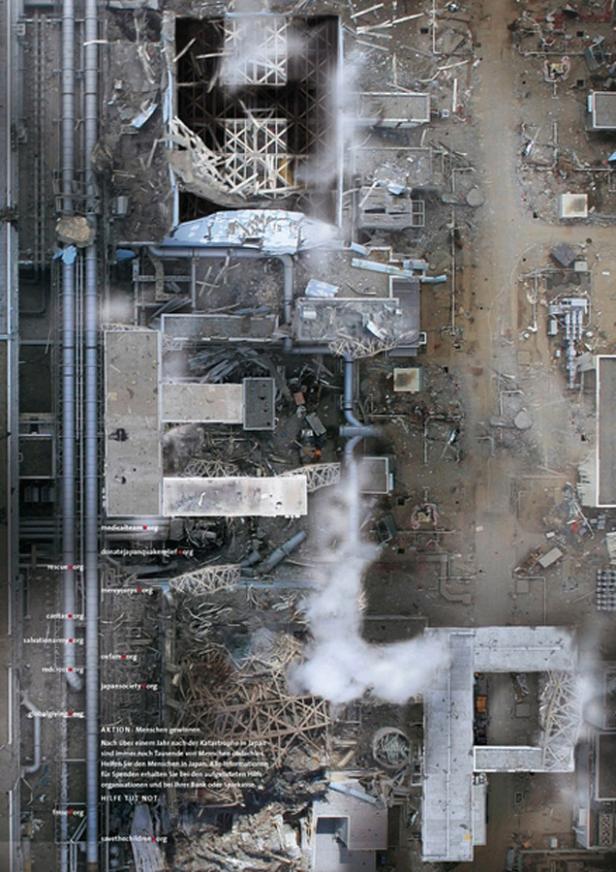 Luftaufnahme der zerstörten Anlage des Kernkraftwerks Fukushima.