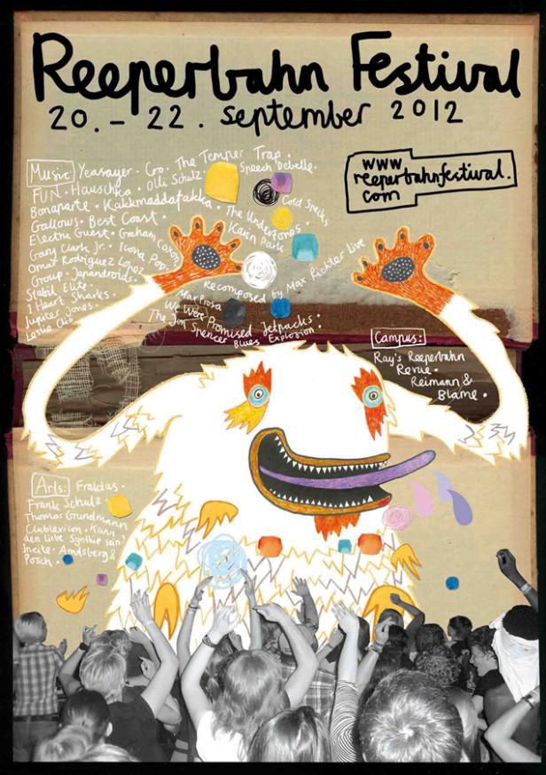 Ein handgezeichnetes Poster für das Reeperbahn Festival 2012 mit einer Menschenmenge und einem Monster.