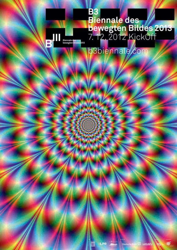 Das Plakat für die B3 Biennale des bewegten Bildes 2013 zeigt ein psychedelisches Muster.