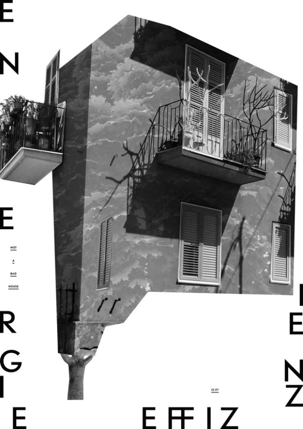 Ein abstraktes Schwarz-Weiß-Bild eines Hauses mit Balkonen und Fensterläden.