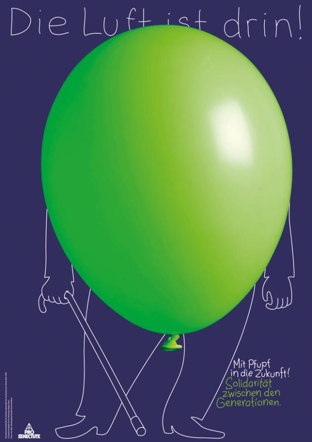 Ein grüner Ballon verdeckt den Körper einer gezeichneten Figur mit Stock.