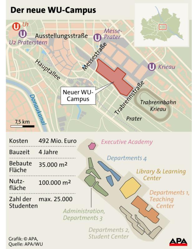 Eine Karte des neuen WU-Campus in Wien mit Informationen zu Kosten und Fläche.