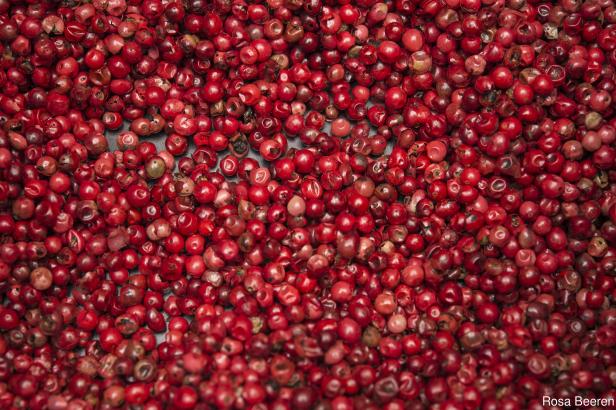 Eine Nahaufnahme von vielen rosa Pfefferbeeren.