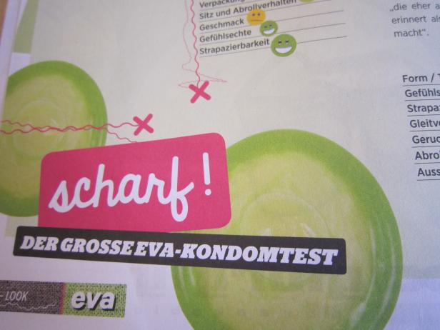 Ein Ausschnitt aus einer Zeitschrift mit dem Titel „Der große Eva-Kondomtest“.