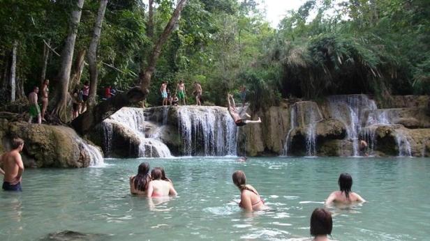 Menschen schwimmen und springen in einem Wasserfallbecken inmitten üppiger Vegetation.